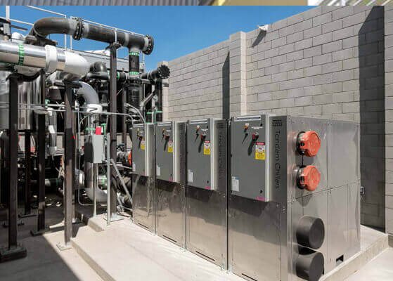 Exterior view of piping and HVAC systems
